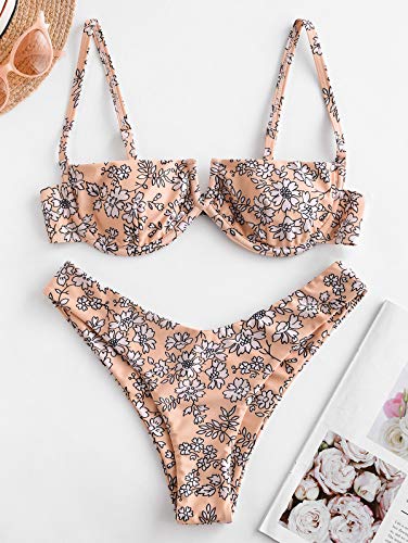 ZAFUL Bikini Set de Dos Piezas Floral Corte Alto Bikini con Arco & V Bañador para Mujer (Naranja y Rosa, M)