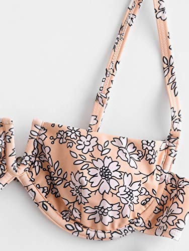 ZAFUL Bikini Set de Dos Piezas Floral Corte Alto Bikini con Arco & V Bañador para Mujer (Naranja y Rosa, M)