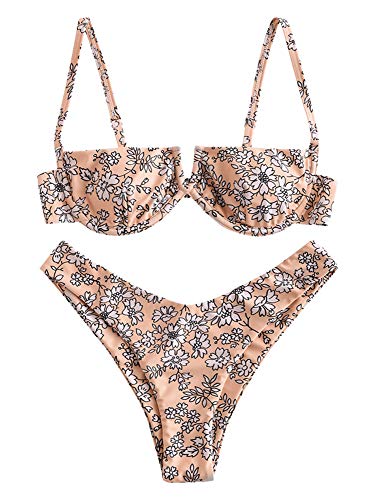 ZAFUL Bikini Set de Dos Piezas Floral Corte Alto Bikini con Arco & V Bañador para Mujer (Naranja y Rosa, M)