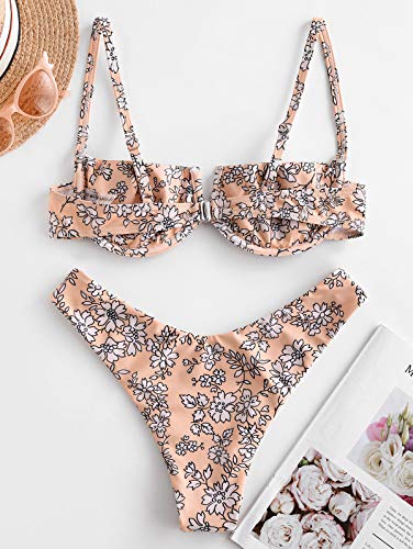 ZAFUL Bikini Set de Dos Piezas Floral Corte Alto Bikini con Arco & V Bañador para Mujer (Naranja y Rosa, M)