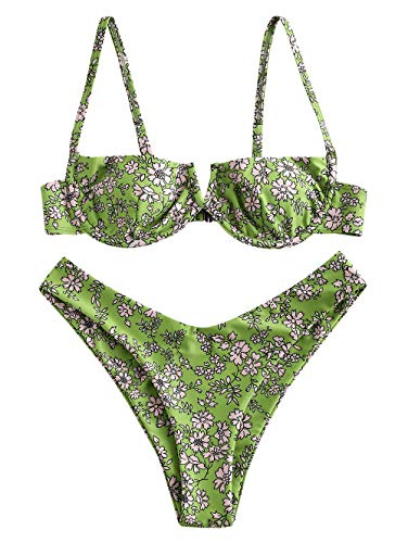 ZAFUL Bikini Set de Dos Piezas Floral Corte Alto Bikini con Arco & V Bañador para Mujer (Verde, L)
