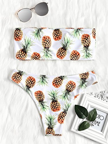 ZAFUL - Bikini tipo bandeau con estampado de piña sin tirantes, corte alto, para mujer Blanco blanco S