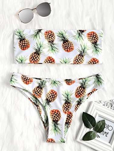 ZAFUL - Bikini tipo bandeau con estampado de piña sin tirantes, corte alto, para mujer Blanco blanco S