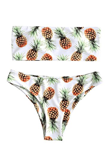 ZAFUL - Bikini tipo bandeau con estampado de piña sin tirantes, corte alto, para mujer Blanco blanco S