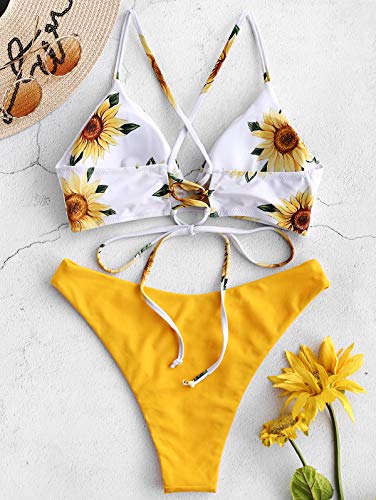 Zaful - Conjunto de bikini acolchado con diseño de girasol, tirantes con cordones amarillo L