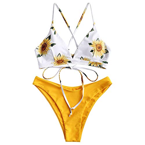 Zaful - Conjunto de bikini acolchado con diseño de girasol, tirantes con cordones amarillo L
