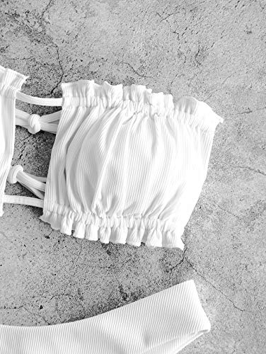 ZAFUL Conjunto de bikini acolchado para mujer, de un solo color, con nudos, cintura baja, sexy, tanga de verano Blanco L