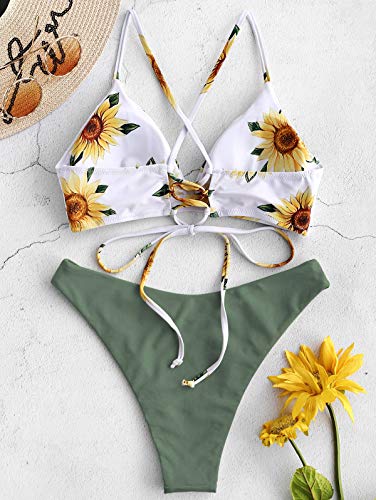 ZAFUL Conjunto de Bikini con Relleno Push Up Triangular Busto Ajustable con Tirantes Cruzados Traseros Estampado Talle Bajo (Margarita-Verde, M)