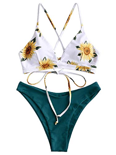 ZAFUL Conjunto de Bikini con Relleno Push Up Triangular Busto Ajustable con Tirantes Cruzados Traseros Estampado Talle Bajo (Margarita-Verde Oscuro, S)