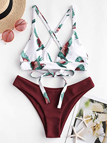 ZAFUL Conjunto de Bikini con Relleno Push Up Triangular Busto Ajustable con Tirantes Cruzados Traseros Estampado Talle Bajo (Pájaro-Rojo, S)