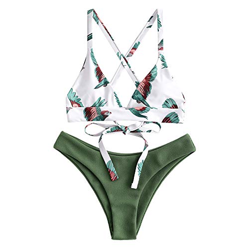 ZAFUL Conjunto de Bikini con Relleno Push Up Triangular Busto Ajustable con Tirantes Cruzados Traseros Estampado Talle Bajo (Pájaro-Verde, S)