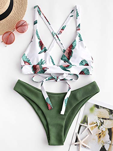 ZAFUL Conjunto de Bikini con Relleno Push Up Triangular Busto Ajustable con Tirantes Cruzados Traseros Estampado Talle Bajo (Pájaro-Verde, S)