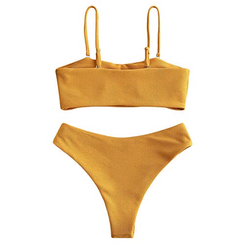 ZAFUL Conjunto de bikini con textura bandeau para mujer con correas extraíbles, corte alto, traje de baño de dos piezas