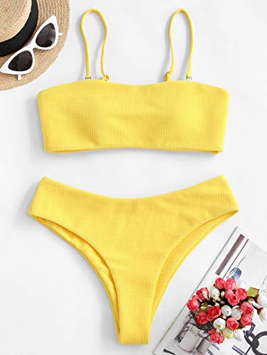 Zaful - Conjunto de bikini con tirantes, acolchado y texturizado para mujer amarillo-1 S