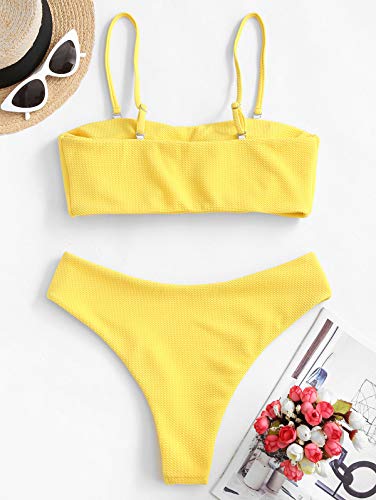 Zaful - Conjunto de bikini con tirantes, acolchado y texturizado para mujer amarillo-1 S