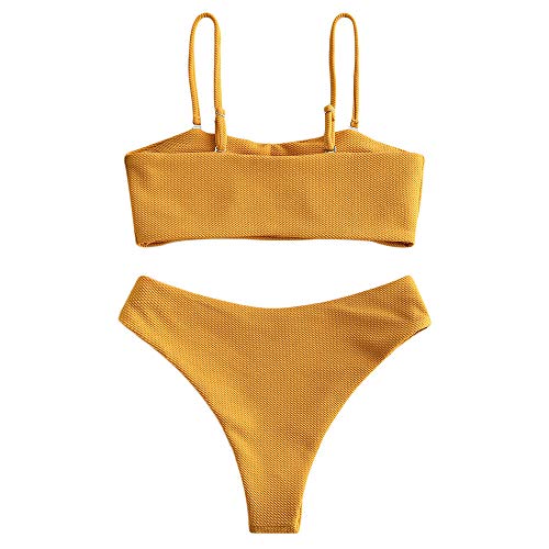 Zaful - Conjunto de bikini con tirantes, acolchado y texturizado para mujer amarillo S