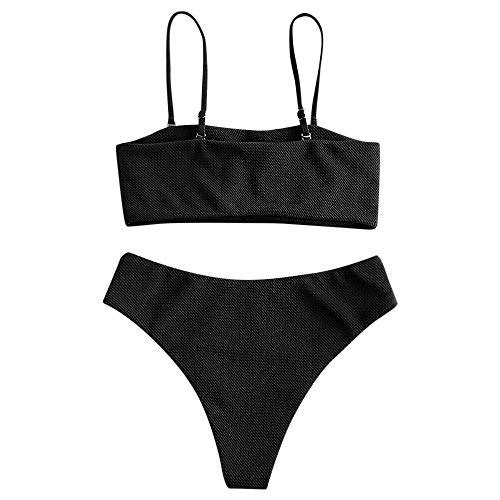 Zaful - Conjunto de bikini con tirantes, acolchado y texturizado para mujer Negro XL