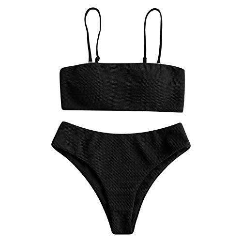 Zaful - Conjunto de bikini con tirantes, acolchado y texturizado para mujer Negro XL