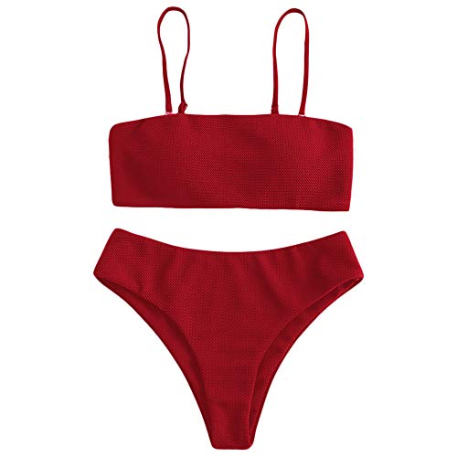Zaful - Conjunto de bikini con tirantes, acolchado y texturizado para mujer rojo L