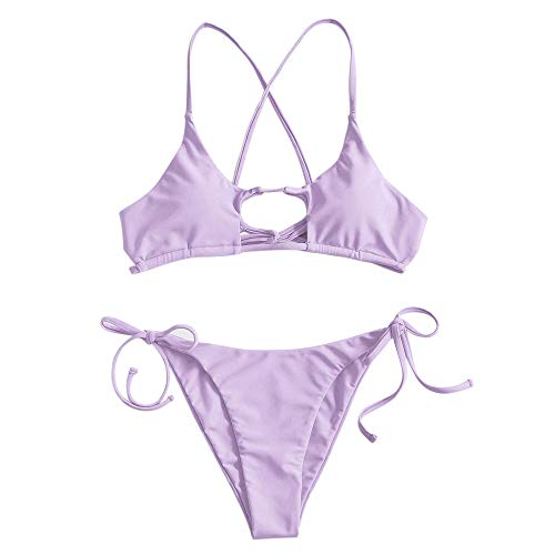 ZAFUL Conjunto de bikini de cintura baja para mujer con tirantes finos, corte cortado, sólido morado S