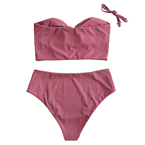 ZAFUL Conjunto de bikini de dos piezas con estampado de margaritas y cordones, para mujer Rosa. L