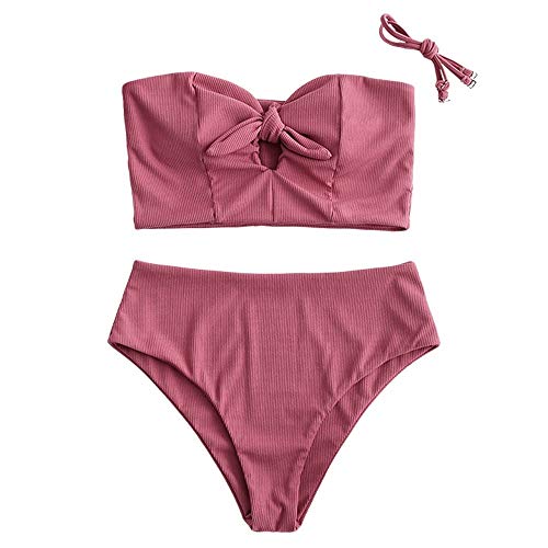 ZAFUL Conjunto de bikini de dos piezas con estampado de margaritas y cordones, para mujer Rosa. L