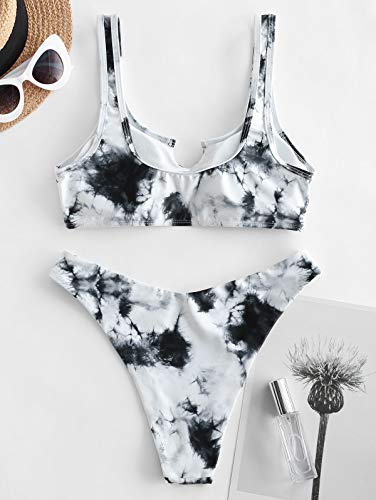 ZAFUL Conjunto de bikini de dos piezas, parte superior de bikini Bralette Wrap, chaleco hueco, cintura alta, parte inferior para mujer gris M