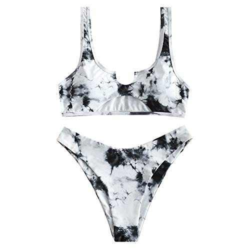 ZAFUL Conjunto de bikini de dos piezas, parte superior de bikini Bralette Wrap, chaleco hueco, cintura alta, parte inferior para mujer gris M