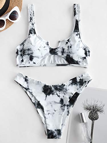 ZAFUL Conjunto de bikini de dos piezas, parte superior de bikini Bralette Wrap, chaleco hueco, cintura alta, parte inferior para mujer gris M