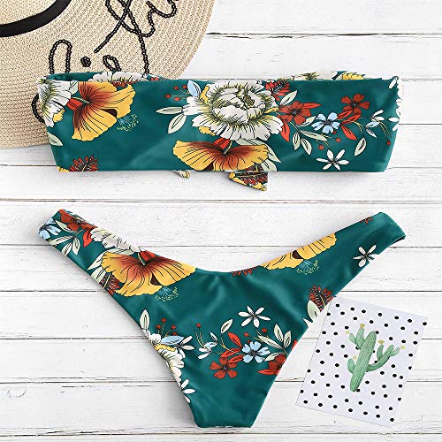 ZAFUL Conjunto de bikini de dos piezas sin tirantes, con nudo delantero, estampado floral, corte alto, para mujer Azul verdoso. S