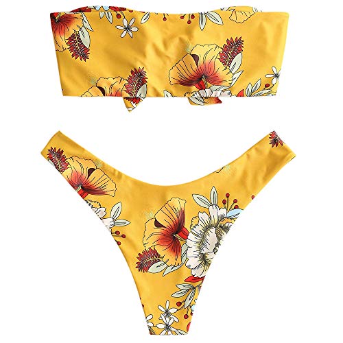 ZAFUL - Conjunto de bikini de dos piezas sin tirantes para mujer con nudo frontal, estampado floral