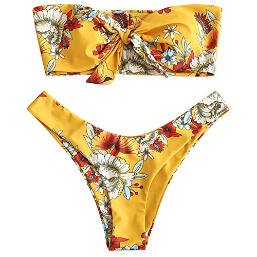ZAFUL - Conjunto de bikini de dos piezas sin tirantes para mujer con nudo frontal, estampado floral