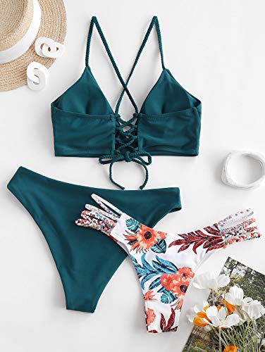 ZAFUL Conjunto de bikini de tres piezas para mujer, diseño floral verde oscuro L