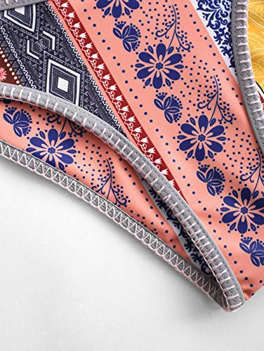 ZAFUL - Conjunto de bikini estilo bandeau con encaje retro étnico con flores multivías