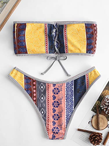ZAFUL - Conjunto de bikini estilo bandeau con encaje retro étnico con flores multivías