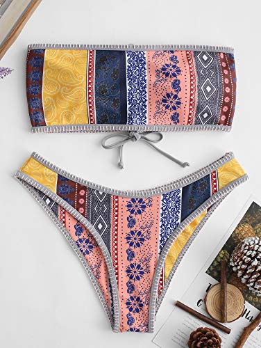 ZAFUL - Conjunto de bikini estilo bandeau con encaje retro étnico con flores multivías