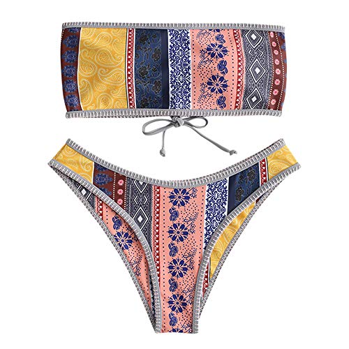 ZAFUL - Conjunto de bikini estilo bandeau con encaje retro étnico con flores multivías