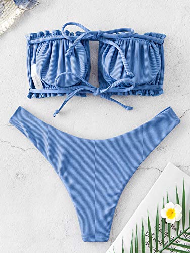 Zaful - Conjunto de bikini para mujer, banda sin hombros, con cordón y traje de baño de color liso con rulos Blu Seta. S
