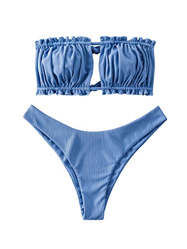 Zaful - Conjunto de bikini para mujer, banda sin hombros, con cordón y traje de baño de color liso con rulos Blu Seta. S