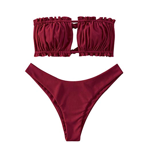 ZAFUL Conjunto de bikini para mujer, banda sin tirantes con cordón, traje de baño de color liso Rosso Vivo M