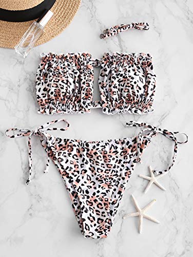 ZAFUL - Conjunto de bikini para mujer, banda sin tirantes con cordón y traje de baño de color liso con rouches A-2-leopard S