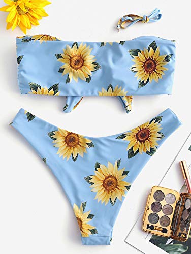 ZAFUL Conjunto de bikini para mujer con diseño de girasol azul L
