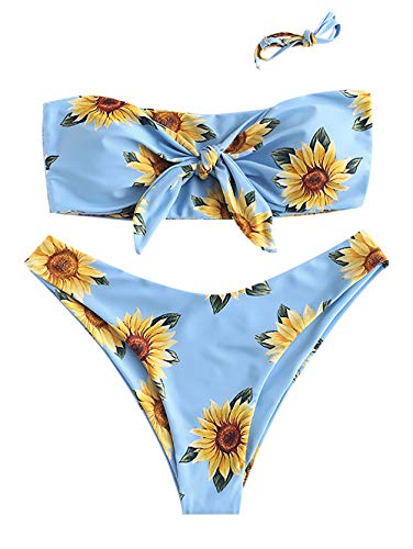 ZAFUL Conjunto de bikini para mujer con diseño de girasol azul L