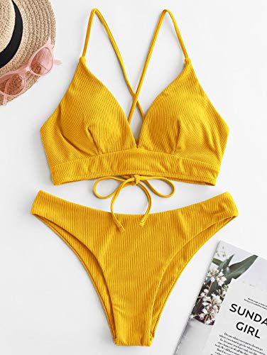 ZAFUL - Conjunto de bikini para mujer con tirantes de espaguetis amarillo S