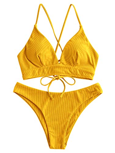 ZAFUL - Conjunto de bikini para mujer con tirantes de espaguetis amarillo S