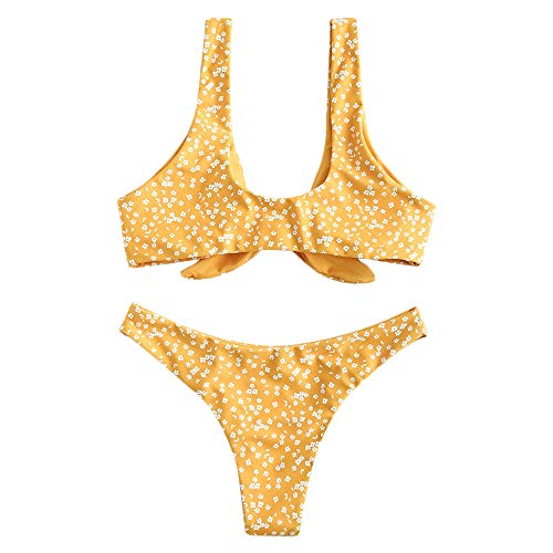 ZAFUL - Conjunto de bikini para mujer, diseño de flores, cintura baja, nudo delantero, dos piezas amarillo S