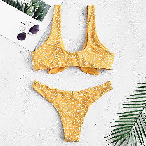 ZAFUL - Conjunto de bikini para mujer, diseño de flores, cintura baja, nudo delantero, dos piezas amarillo S