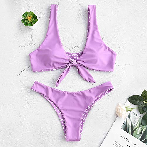 ZAFUL - Conjunto de bikini para mujer, diseño de flores, cintura baja, nudo delantero, dos piezas morado M