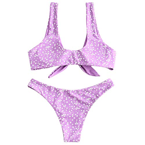 ZAFUL - Conjunto de bikini para mujer, diseño de flores, cintura baja, nudo delantero, dos piezas morado M