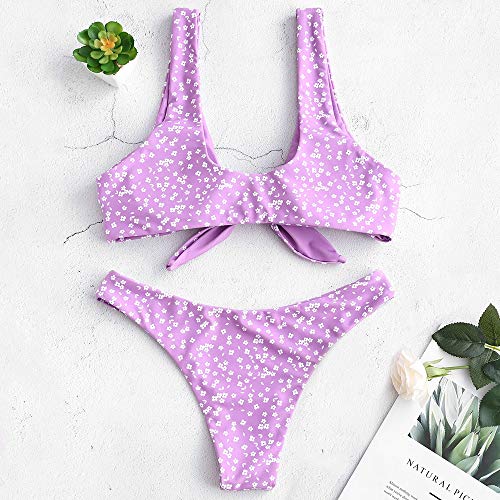ZAFUL - Conjunto de bikini para mujer, diseño de flores, cintura baja, nudo delantero, dos piezas morado M